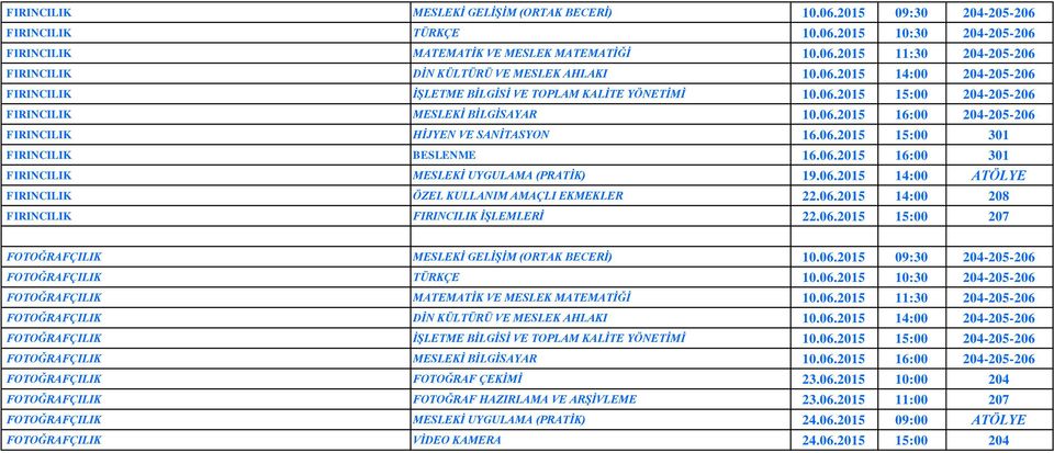 06.2015 15:00 301 FIRINCILIK BESLENME 16.06.2015 16:00 301 FIRINCILIK MESLEKİ UYGULAMA (PRATİK) 19.06.2015 14:00 ATÖLYE FIRINCILIK ÖZEL KULLANIM AMAÇLI EKMEKLER 22.06.2015 14:00 208 FIRINCILIK FIRINCILIK İŞLEMLERİ 22.
