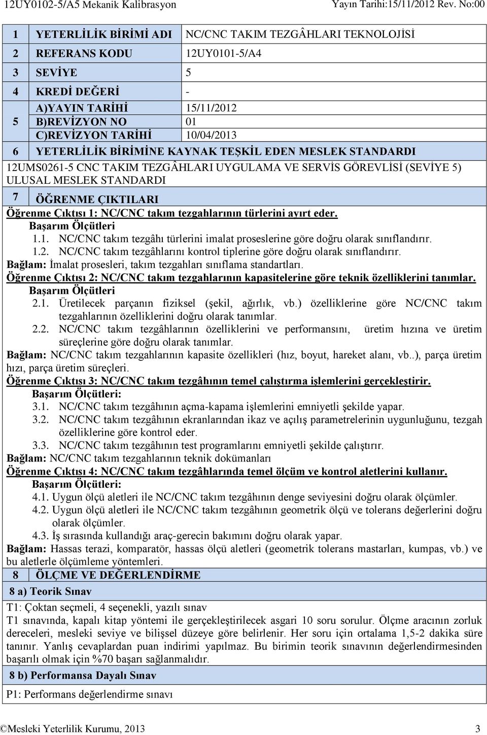YETERLİLİK BİRİMİNE KAYNAK TEŞKİL EDEN MESLEK STANDARDI 12UMS0261-5 CNC TAKIM TEZGÂHLARI UYGULAMA VE SERVİS GÖREVLİSİ (SEVİYE 5) ULUSAL MESLEK STANDARDI 7 ÖĞRENME ÇIKTILARI Öğrenme Çıktısı 1: NC/CNC