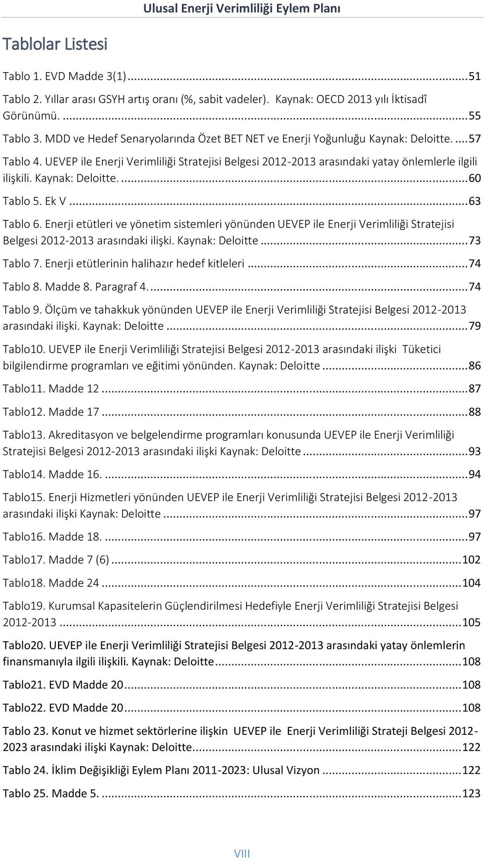 Kaynak: Deloitte.... 60 Tablo 5. Ek V... 63 Tablo 6. Enerji etütleri ve yönetim sistemleri yönünden UEVEP ile Enerji Verimliliği Stratejisi Belgesi 2012-2013 arasındaki ilişki. Kaynak: Deloitte.