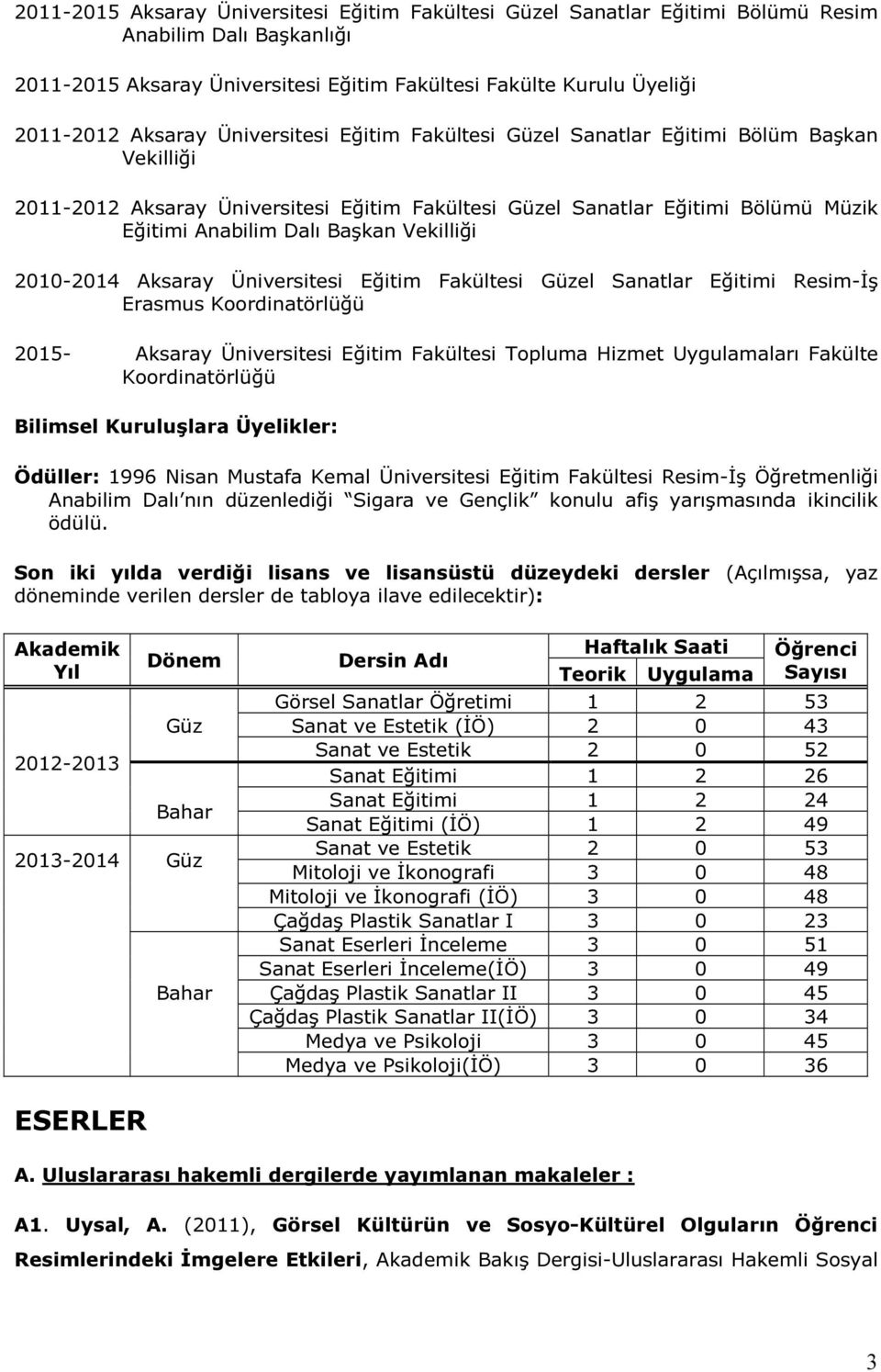 2010-2014 Aksaray Üniversitesi Eğitim Fakültesi Güzel Sanatlar Eğitimi Resim-İş Erasmus Koordinatörlüğü 2015- Aksaray Üniversitesi Eğitim Fakültesi Topluma Hizmet Uygulamaları Fakülte Koordinatörlüğü