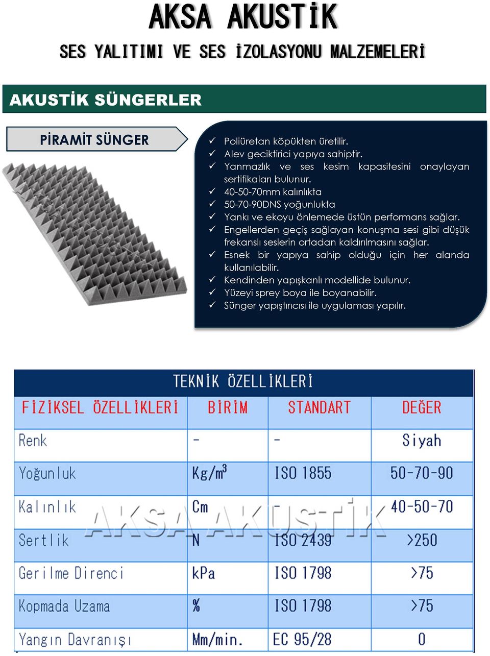 40-50-70mm kalınlıkta 50-70-90DNS yoğunlukta Yankı ve ekoyu önlemede üstün performans sağlar.