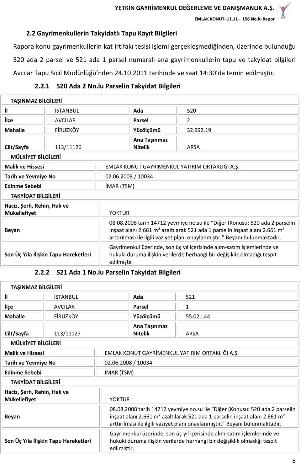 lu Parselin Takyidat Bilgileri TAŞINMAZ BİLGİLERİ İl İSTANBUL Ada 520 İlçe AVCILAR Parsel 2 Mahalle FİRUZKÖY Yüzölçümü 32.