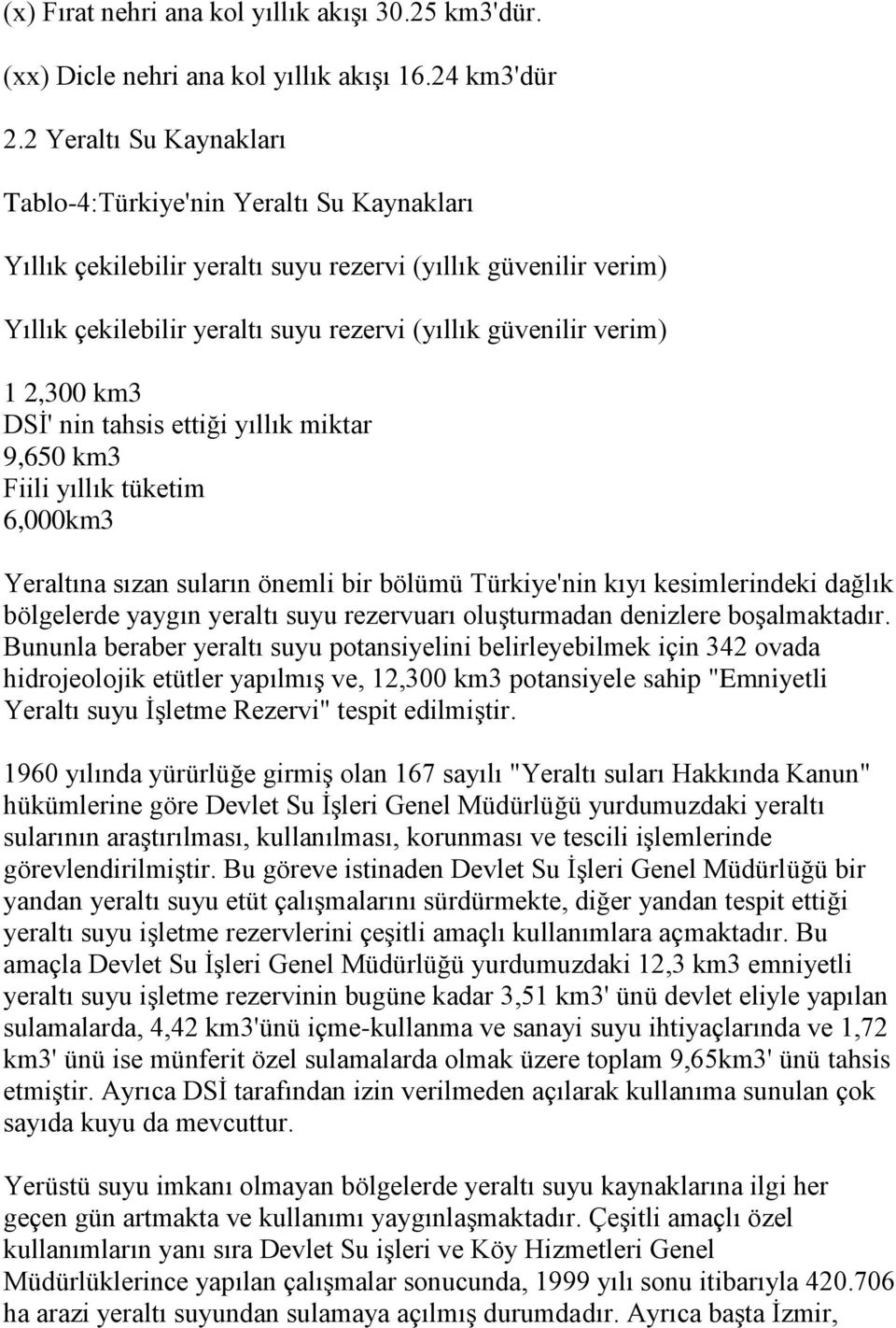 2,300 km3 DSİ' nin tahsis ettiği yıllık miktar 9,650 km3 Fiili yıllık tüketim 6,000km3 Yeraltına sızan suların önemli bir bölümü Türkiye'nin kıyı kesimlerindeki dağlık bölgelerde yaygın yeraltı suyu