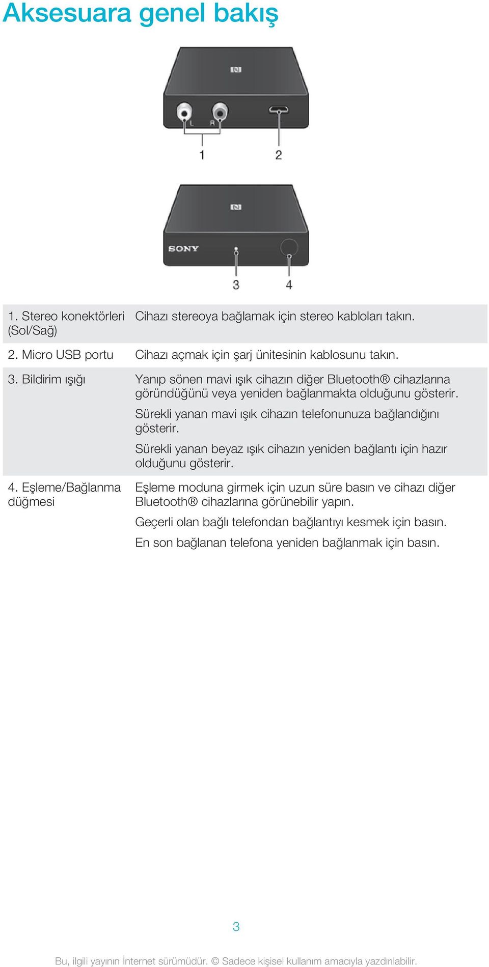 Bildirim ışığı Yanıp sönen mavi ışık cihazın diğer Bluetooth cihazlarına göründüğünü veya yeniden bağlanmakta olduğunu gösterir. 4.