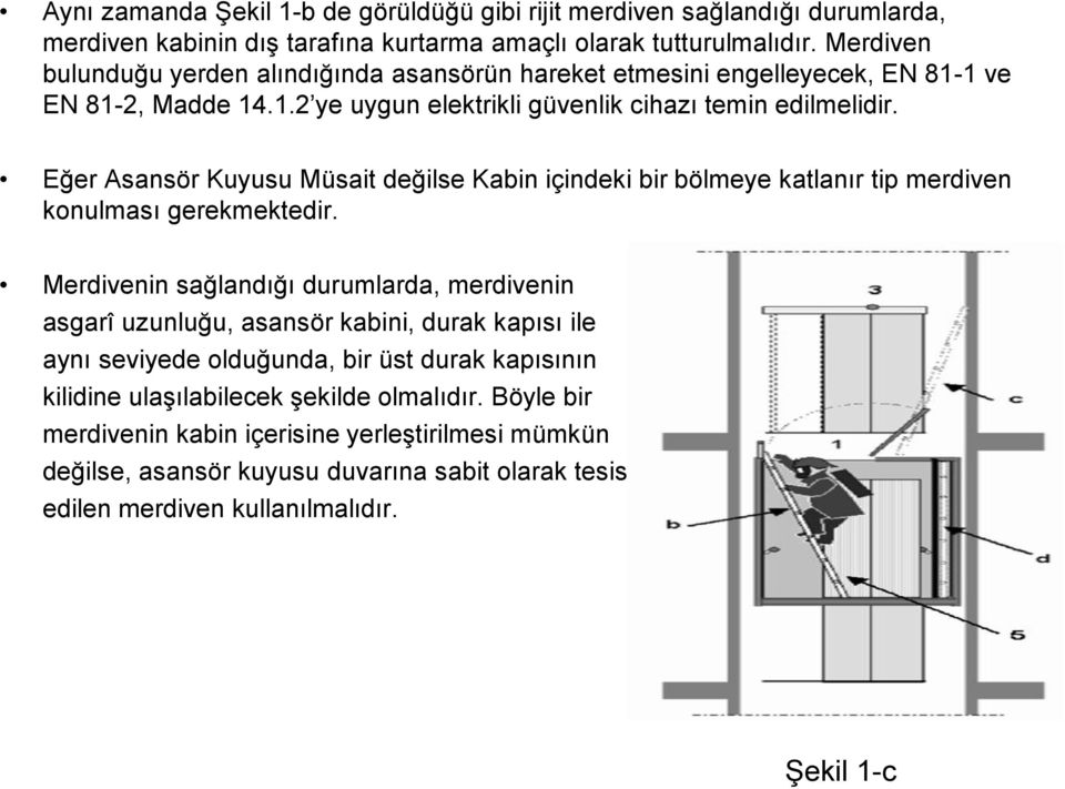 Eğer Asansör Kuyusu Müsait değilse Kabin içindeki bir bölmeye katlanır tip merdiven konulması gerekmektedir.