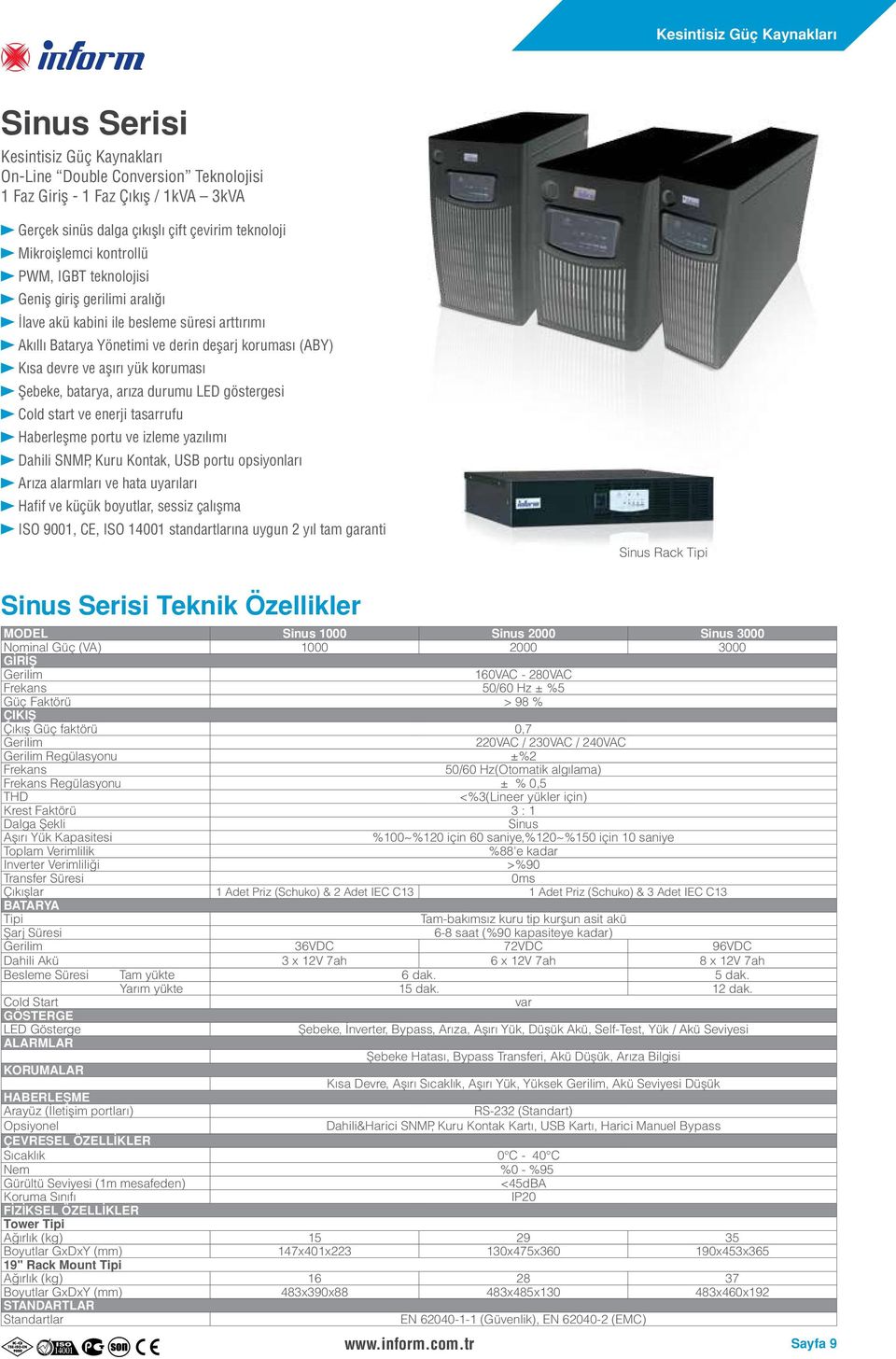 Cold start ve enerji tasarrufu Haberleşme portu ve izleme yazılımı Dahili SNMP, Kuru Kontak, USB portu opsiyonları Arıza alarmları ve hata uyarıları Hafif ve küçük boyutlar, sessiz çalışma ISO 9001,