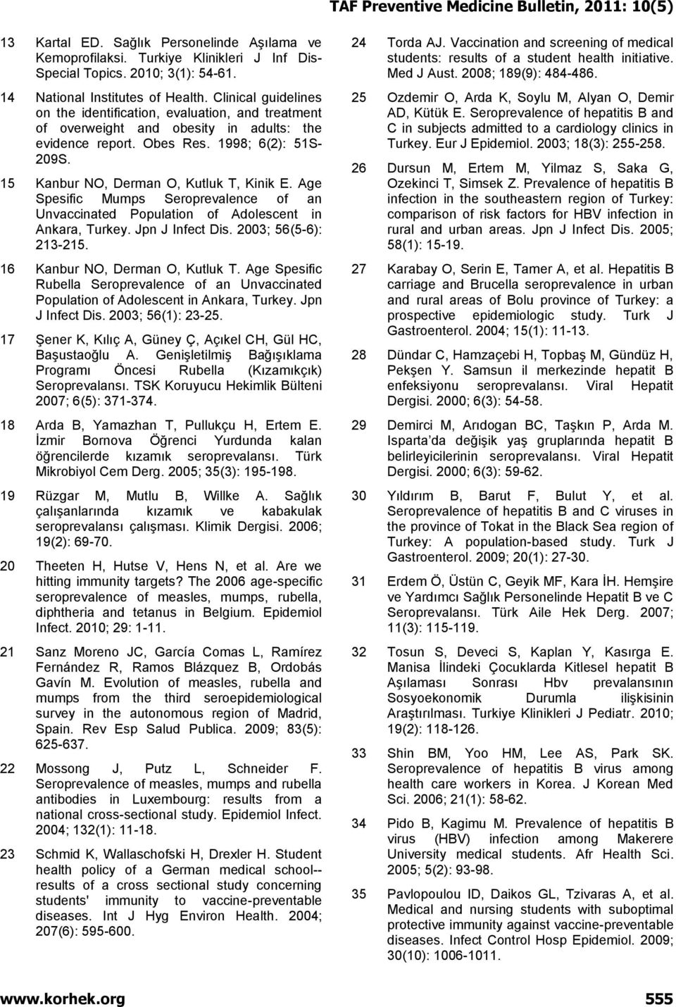 15 Kanbur NO, Derman O, Kutluk T, Kinik E. Age Spesific Mumps Seroprevalence of an Unvaccinated Population of Adolescent in Ankara, Turkey. Jpn J Infect Dis. 2003; 56(5-6): 213-215.