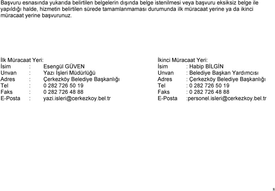 İlk Müracaat Yeri: İkinci Müracaat Yeri: İsim : Esengül GÜVEN İsim : Habip BİLGİN Unvan : Yazı İşleri Müdürlüğü Unvan : Belediye Başkan Yardımcısı Adres :