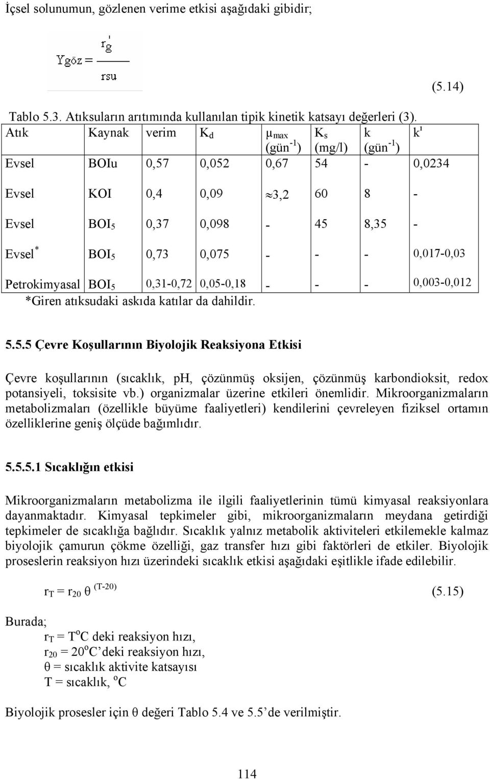 0,017-0,03 Petrokimyasal BOI 5 0,31-0,72 0,05-0,18 *Giren atıksudaki askıda katılar da dahildir. - - - 0,003-0,012 5.5.5 Çevre Koşullarının Biyolojik Reaksiyona Etkisi Çevre koşullarının (sıcaklık, ph, çözünmüş oksijen, çözünmüş karbondioksit, redox potansiyeli, toksisite vb.