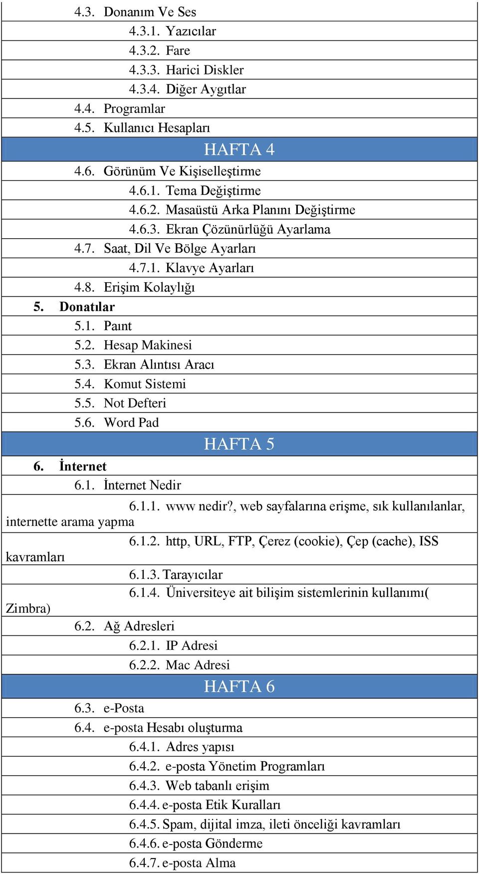 4. Komut Sistemi 5.5. Not Defteri 5.6. Word Pad HAFTA 5 6. İnternet 6.1. İnternet Nedir 6.1.1. www nedir?, web sayfalarına erişme, sık kullanılanlar, internette arama yapma 6.1.2.