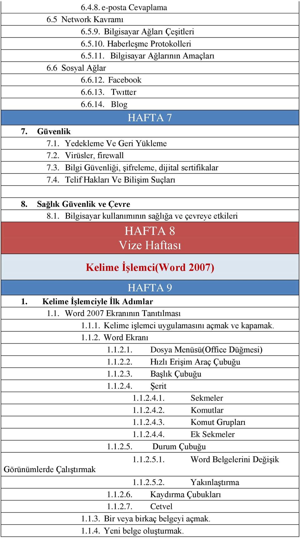 Sağlık Güvenlik ve Çevre 8.1. Bilgisayar kullanımının sağlığa ve çevreye etkileri HAFTA 8 Vize Haftası Kelime İşlemci(Word 2007) HAFTA 9 1. Kelime İşlemciyle İlk Adımlar 1.1. Word 2007 Ekranının Tanıtılması 1.