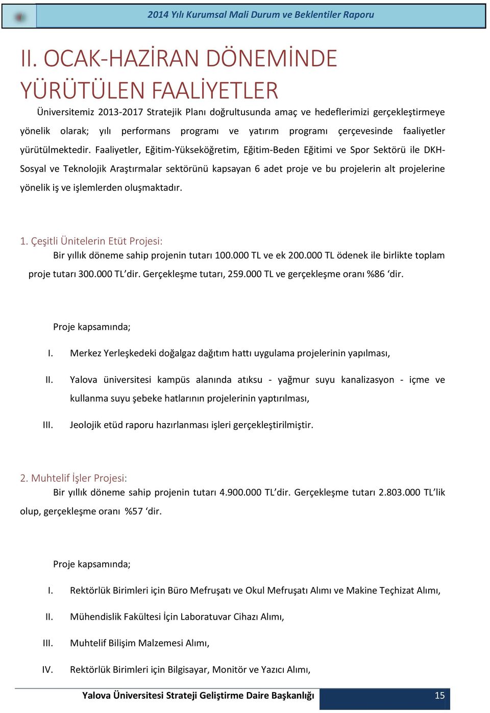 Faaliyetler, Eğitim-Yükseköğretim, Eğitim-Beden Eğitimi ve Spor Sektörü ile DKH- Sosyal ve Teknolojik Araştırmalar sektörünü kapsayan 6 adet proje ve bu projelerin alt projelerine yönelik iş ve