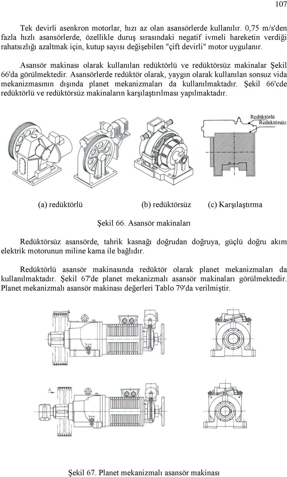 Asansör makinası olarak kullanılan redüktörlü ve redüktörsüz makinalar Şekil 66'da görülmektedir.