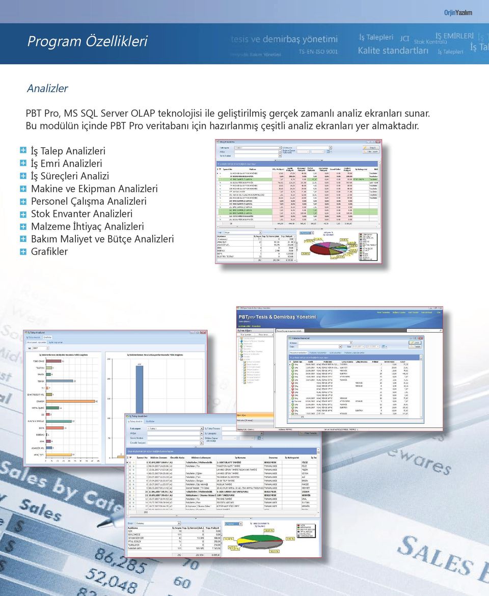 Bu modülün içinde PBT Pro veritabanı için hazırlanmış çeşitli analiz ekranları yer almaktadır.
