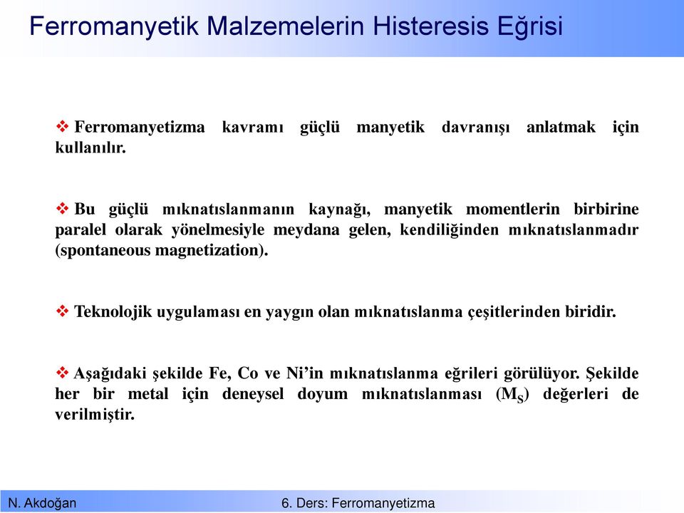 mıknatıslanmadır (spontaneous magnetization). Teknolojik uygulaması en yaygın olan mıknatıslanma çeşitlerinden biridir.