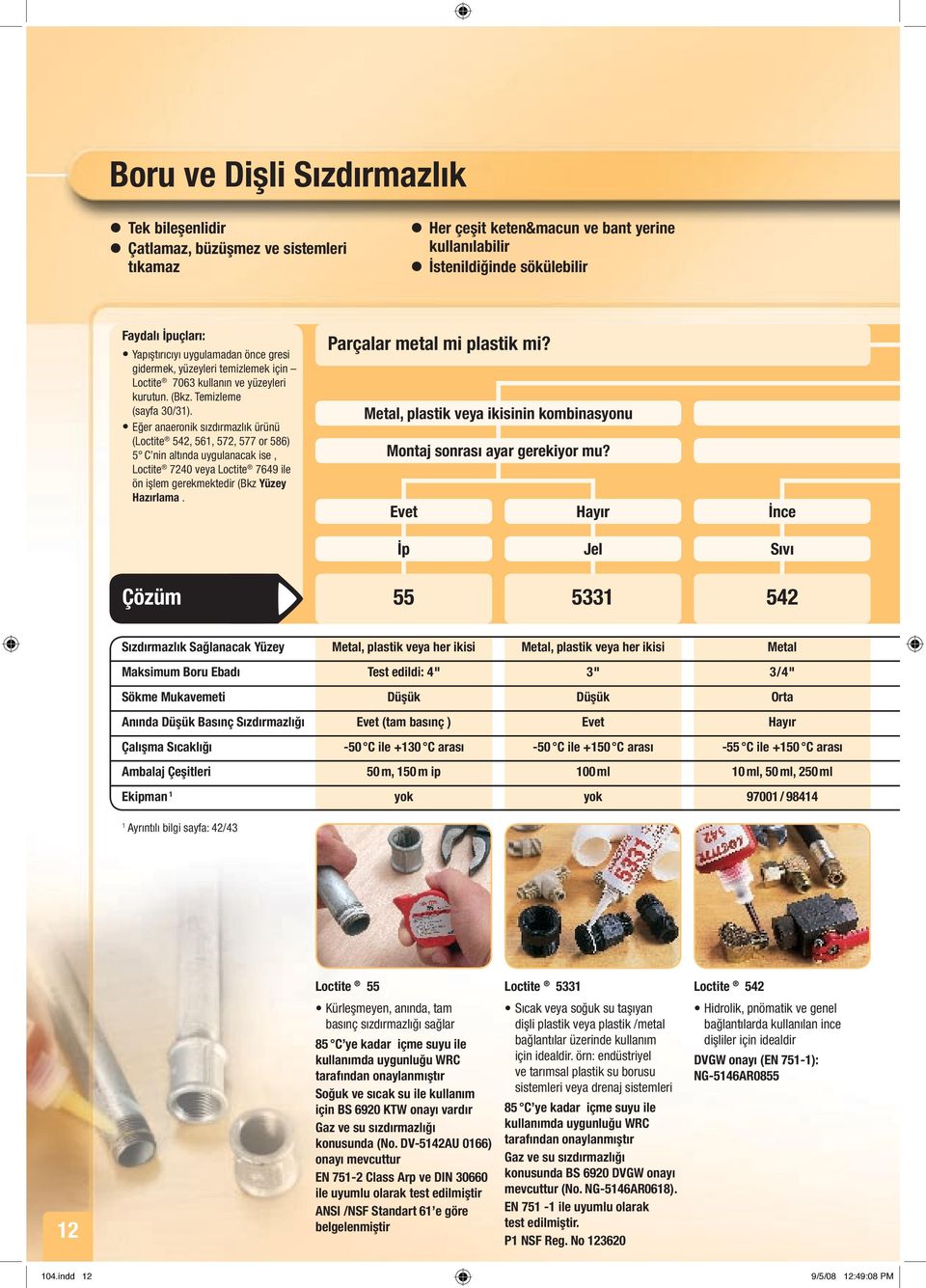 Eğer anaeronik sızdırmazlık ürünü (Loctite 542, 561, 572, 577 or 586) 5 C nin altında uygulanacak ise, Loctite 7240 veya Loctite 7649 ile ön işlem gerekmektedir (Bkz Yüzey Hazırlama.