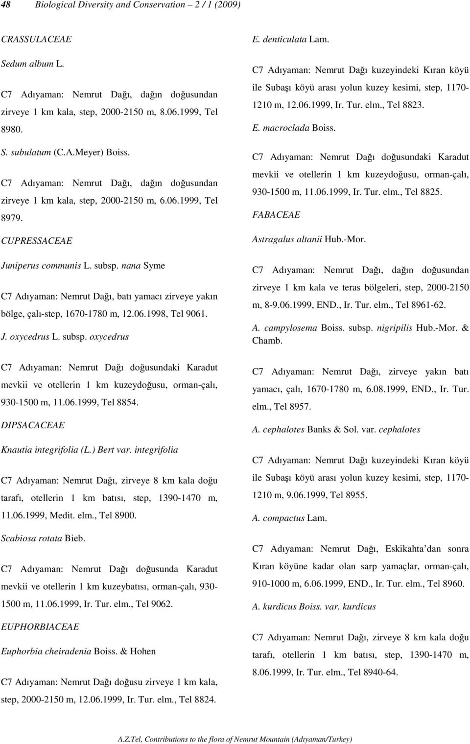 nana Syme C7 Adıyaman: Nemrut Dağı, batı yamacı zirveye yakın bölge, çalı-step, 1670-1780 m, 12.06.1998, Tel 9061. J. oxycedrus L. subsp.