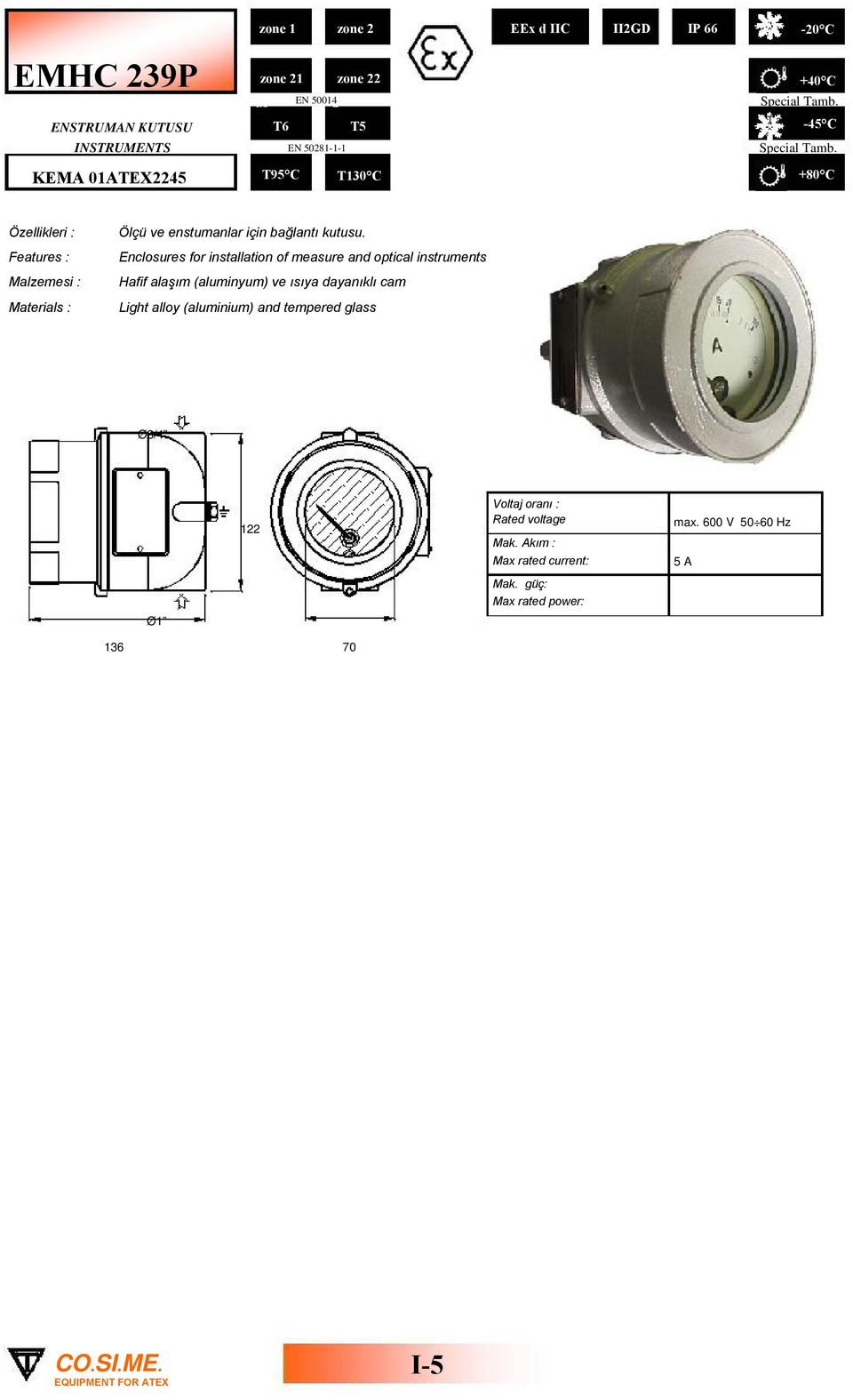 Enclosures for installation of measure and optical instruments Hafif alaşım (aluminyum) ve ısıya dayanıklı cam Light alloy