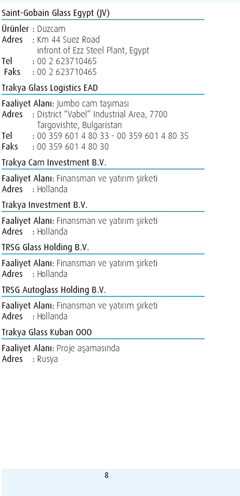 V. Faaliyet Alanı: Finansman ve yatırım şirketi Adres : Hollanda TRSG Glass Holding B.V. Faaliyet Alanı: Finansman ve yatırım şirketi Adres : Hollanda TRSG Autoglass Holding B.V. Faaliyet Alanı: Finansman ve yatırım şirketi Adres : Hollanda Trakya Glass Kuban OOO Faaliyet Alanı: Proje aşamasında Adres : Rusya 8