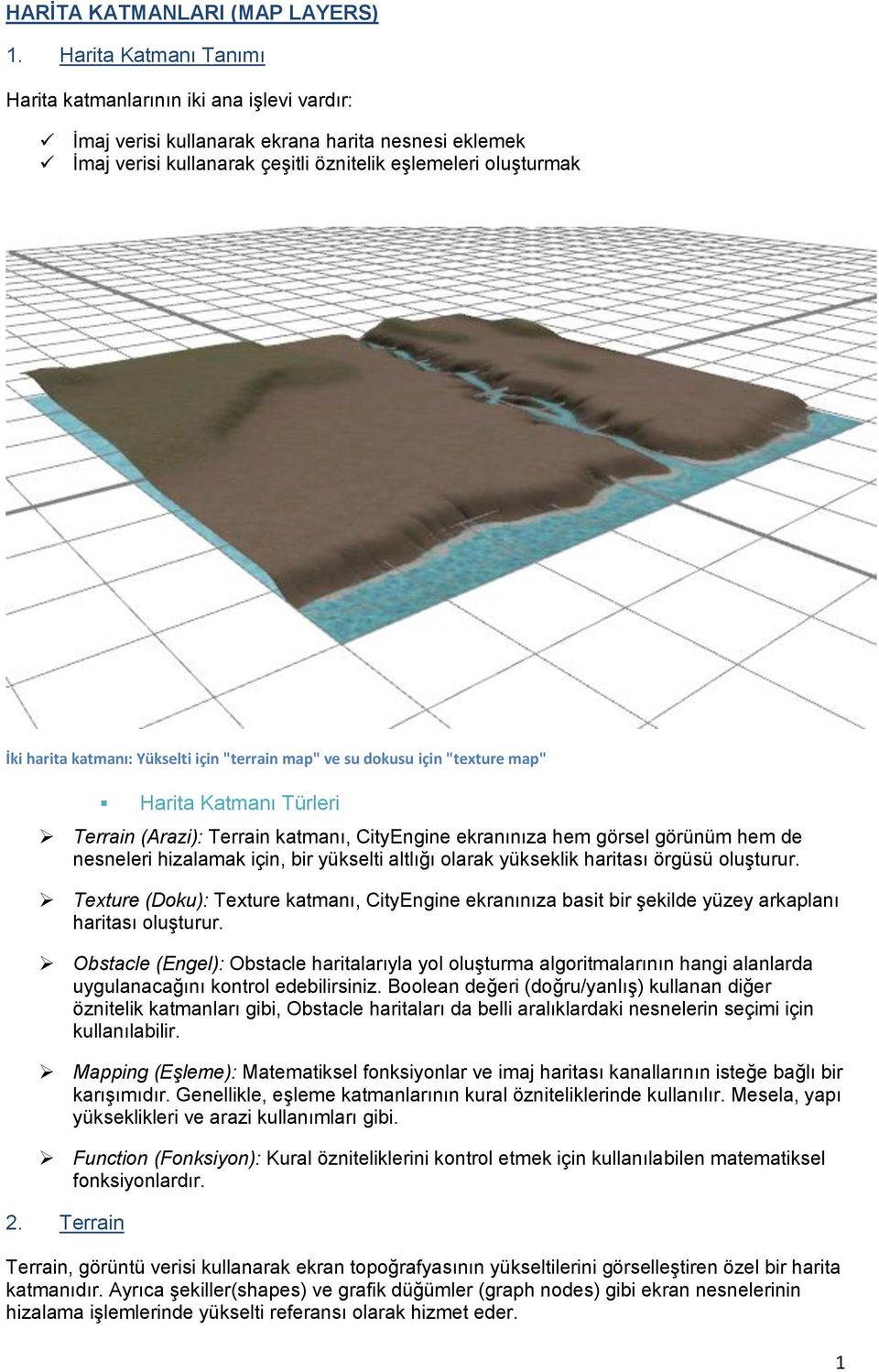 katmanı: Yükselti için "terrain map" ve su dokusu için "texture map" Harita Katmanı Türleri Terrain (Arazi): Terrain katmanı, CityEngine ekranınıza hem görsel görünüm hem de nesneleri hizalamak için,