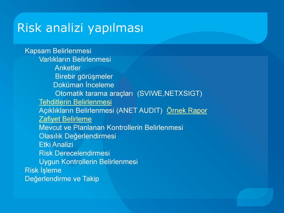 (ANET AUDIT) Örnek Rapor Zafiyet Belirleme Mevcut ve Planlanan Kontrollerin Belirlenmesi Olasılık