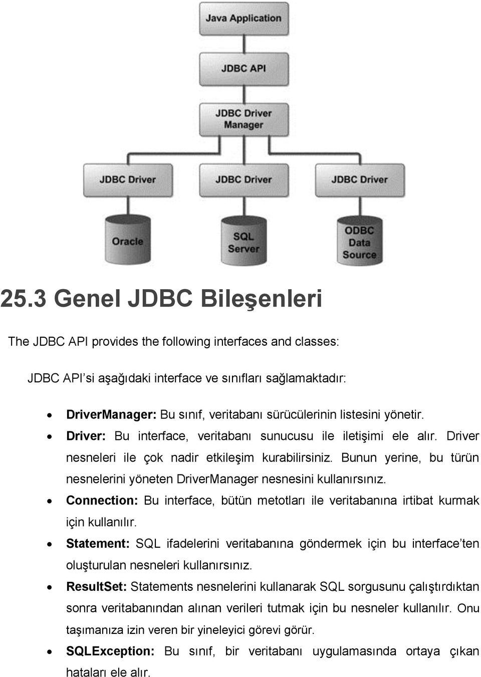 Bunun yerine, bu türün nesnelerini yöneten DriverManager nesnesini kullanırsınız. Connection: Bu interface, bütün metotları ile veritabanına irtibat kurmak için kullanılır.