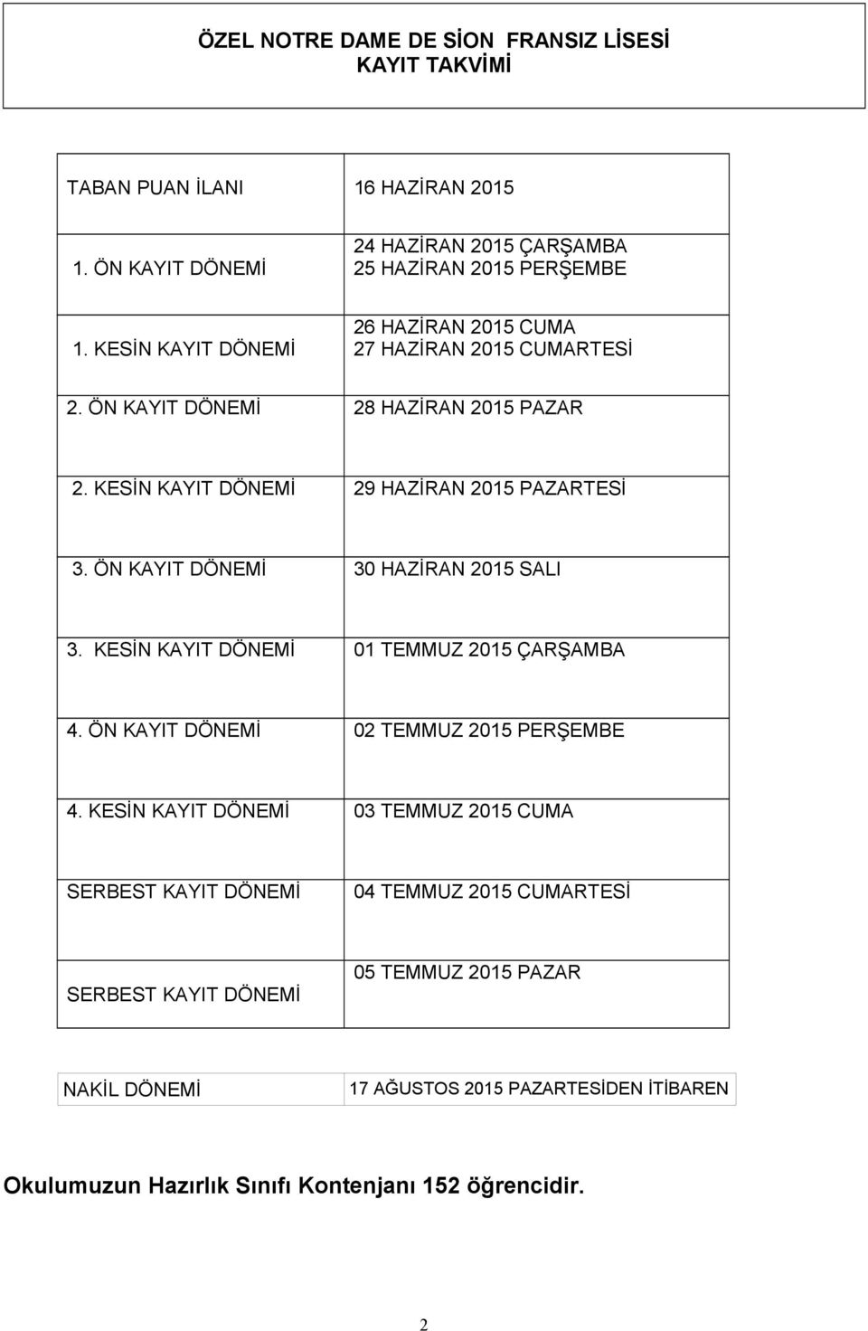 ÖN KAYIT DÖNEMİ 30 HAZİRAN 2015 SALI 3. KESİN KAYIT DÖNEMİ 01 TEMMUZ 2015 ÇARŞAMBA 4. ÖN KAYIT DÖNEMİ 02 TEMMUZ 2015 PERŞEMBE 4.