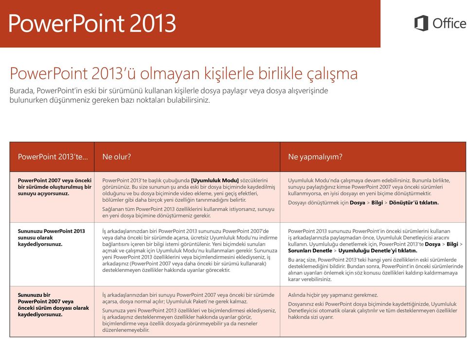 PowerPoint 2013 te başlık çubuğunda [Uyumluluk Modu] sözcüklerini görürsünüz.