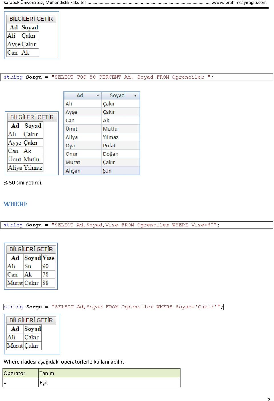 WHERE string Sorgu = "SELECT Ad,Soyad,Vize FROM Ogrenciler WHERE Vize>60";