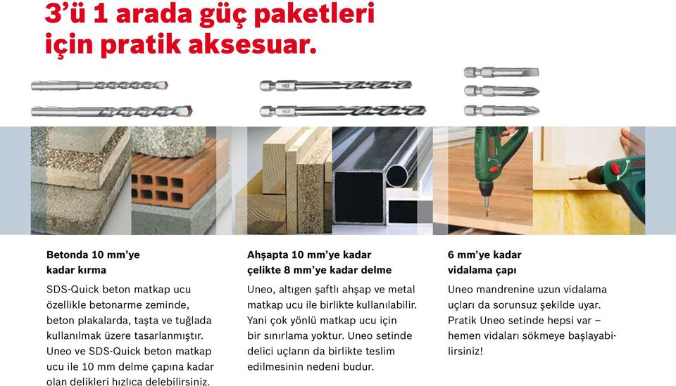 Uneo ve SDS-Quick beton matkap ucu ile 10 mm delme çapına kadar olan delikleri hızlıca delebilirsiniz.