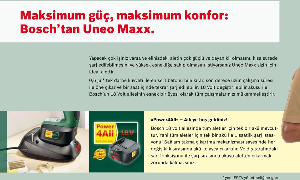 0,6 jul* tek darbe kuvveti ile en sert betonu bile kırar, son derece uzun çalışma süresi ile öne çıkar ve bir saat içinde tekrar şarj edilebilir.