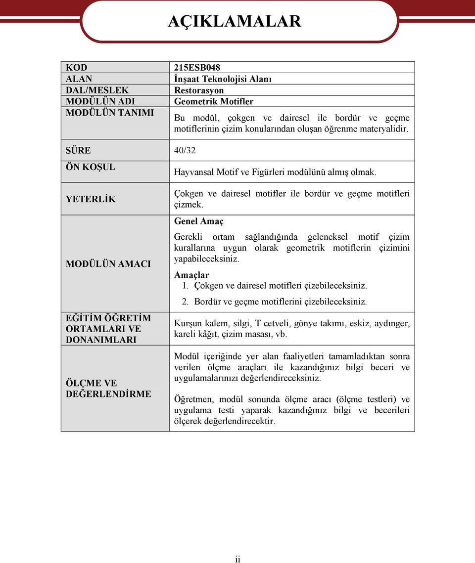 YETERLİK MODÜLÜN AMACI EĞİTİM ÖĞRETİM ORTAMLARI VE DONANIMLARI ÖLÇME VE DEĞERLENDİRME Çokgen ve dairesel motifler ile bordür ve geçme motifleri çizmek.