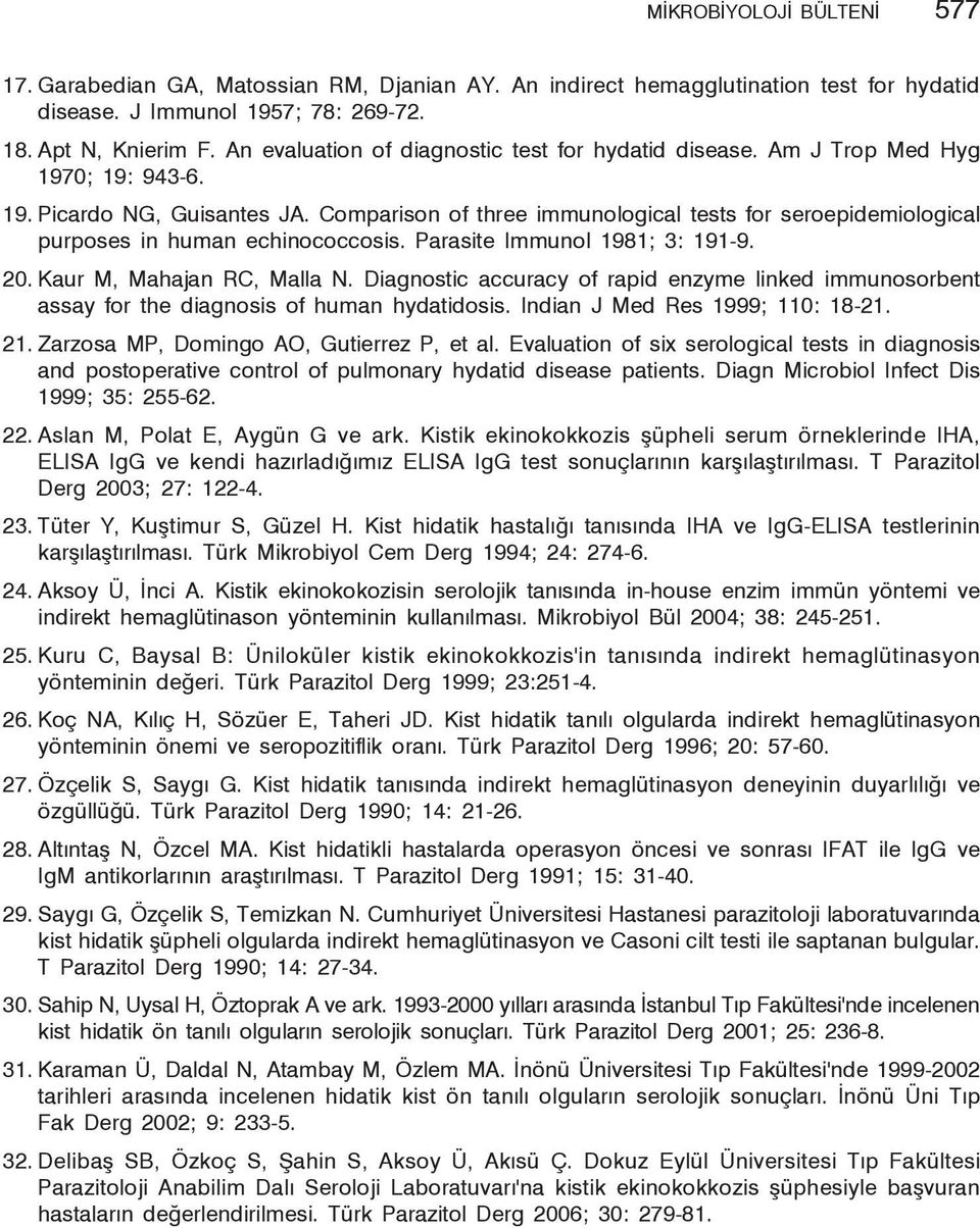 Comparison of three immunological tests for seroepidemiological purposes in human echinococcosis. Parasite Immunol 1981; 3: 191-9. 20. Kaur M, Mahajan RC, Malla N.