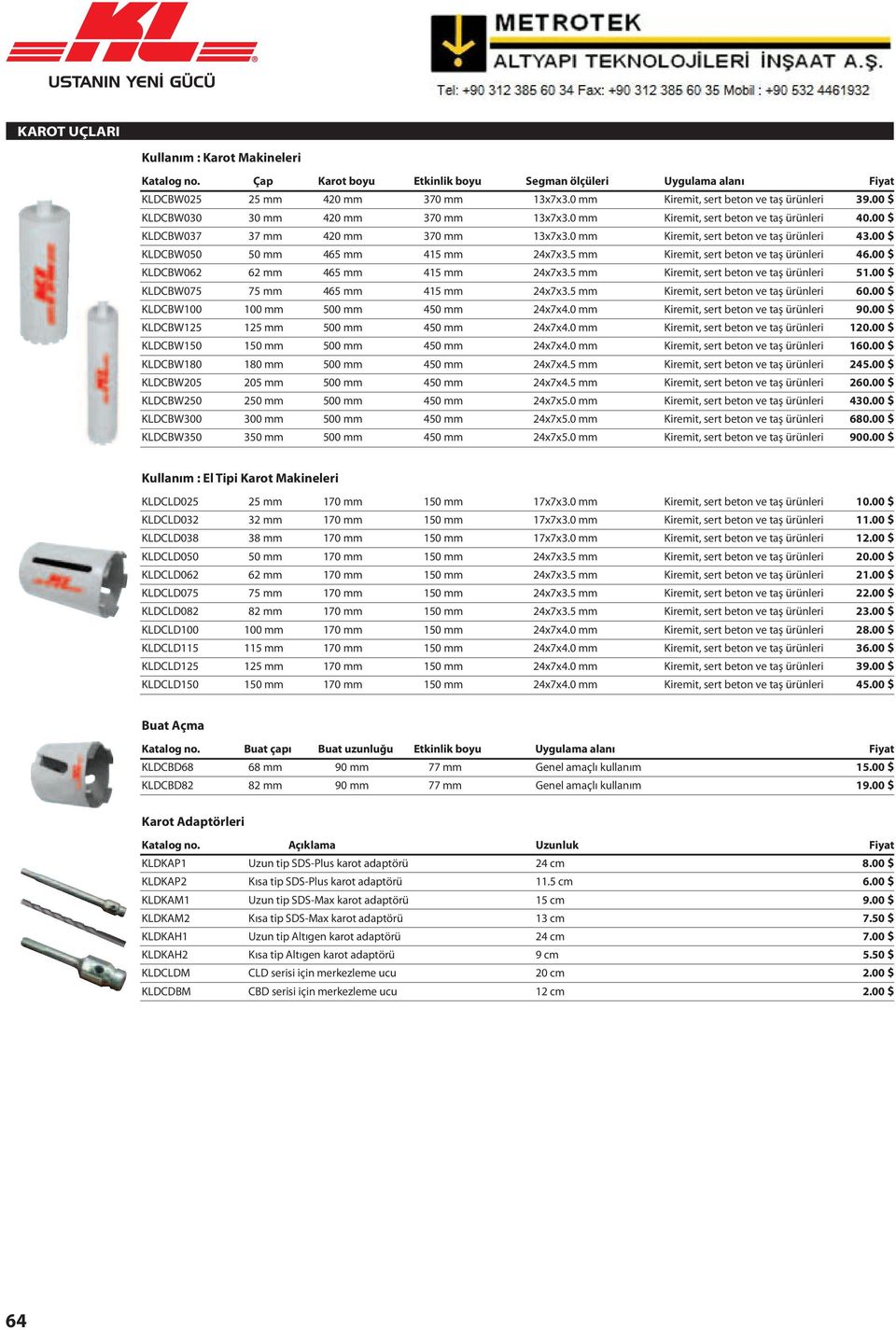 00 $ KLDCBW050 50 mm 465 mm 415 mm 24x7x3.5 mm Kiremit, sert beton ve taş rnleri 46.00 $ KLDCBW062 62 mm 465 mm 415 mm 24x7x3.5 mm Kiremit, sert beton ve taş rnleri 51.