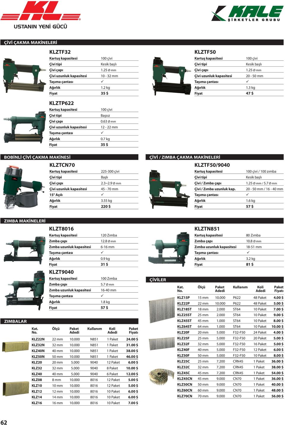 3 kg Fiyat 47 $ KLZTP622 Kartuş kapasitesi 100 çivi Çivi tipi Başsız Çivi çapı 0.63 Ø mm Çivi uzunluk kapasitesi 12-22 mm 0.