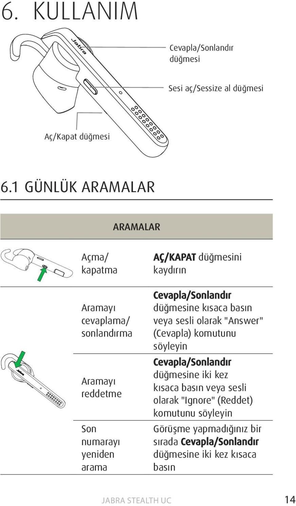 düğmesini kaydırın Cevapla/Sonlandır düğmesine kısaca basın veya sesli olarak "Answer" (Cevapla) komutunu söyleyin