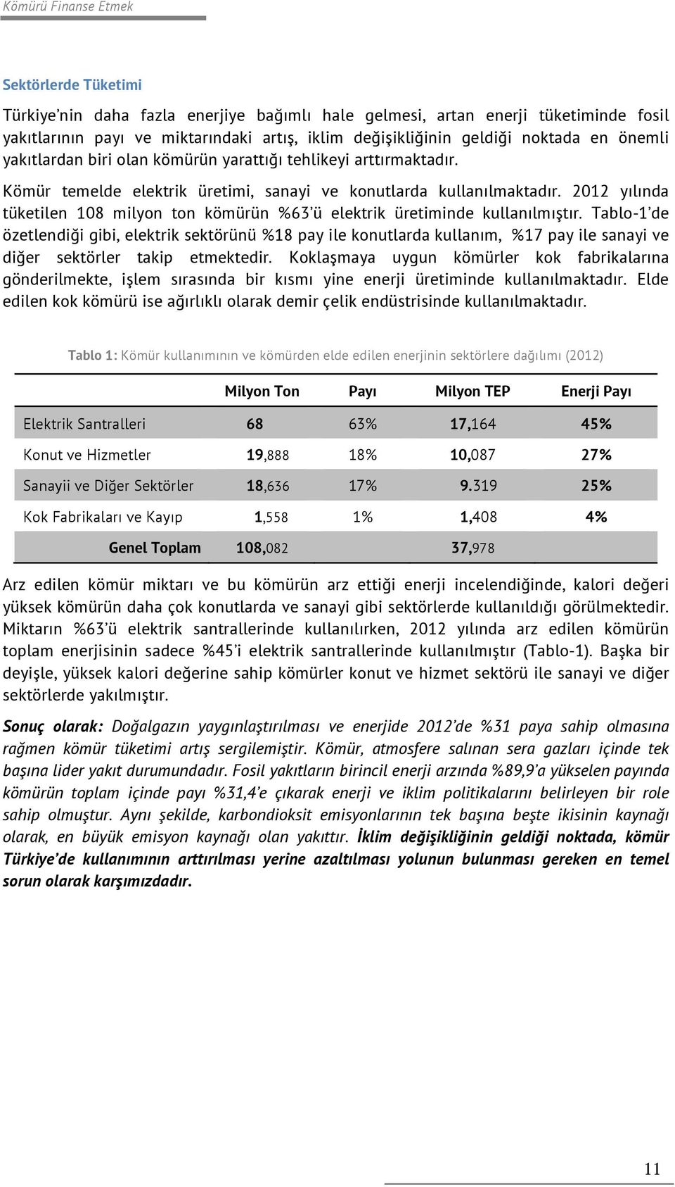 2012 yılında tüketilen 108 milyon ton kömürün %63 ü elektrik üretiminde kullanılmıştır.