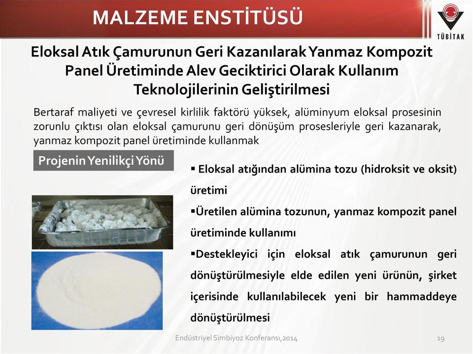 kullanmak Projenin Yenilikçi Yönü Eloksal atığından alümina tozu (hidroksit ve oksit) üretimi Üretilen alümina tozunun, yanmaz kompozit panel üretiminde kullanımı