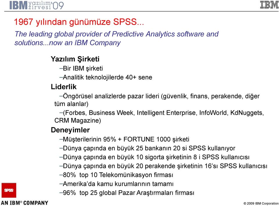 (Forbes, Business Week, Intelligent Enterprise, InfoWorld, KdNuggets, CRM Magazine) Deneyimler Müşterilerinin 95% + FORTUNE 1000 şirketi Dünya çapında en büyük 25 bankanın 20 si SPSS