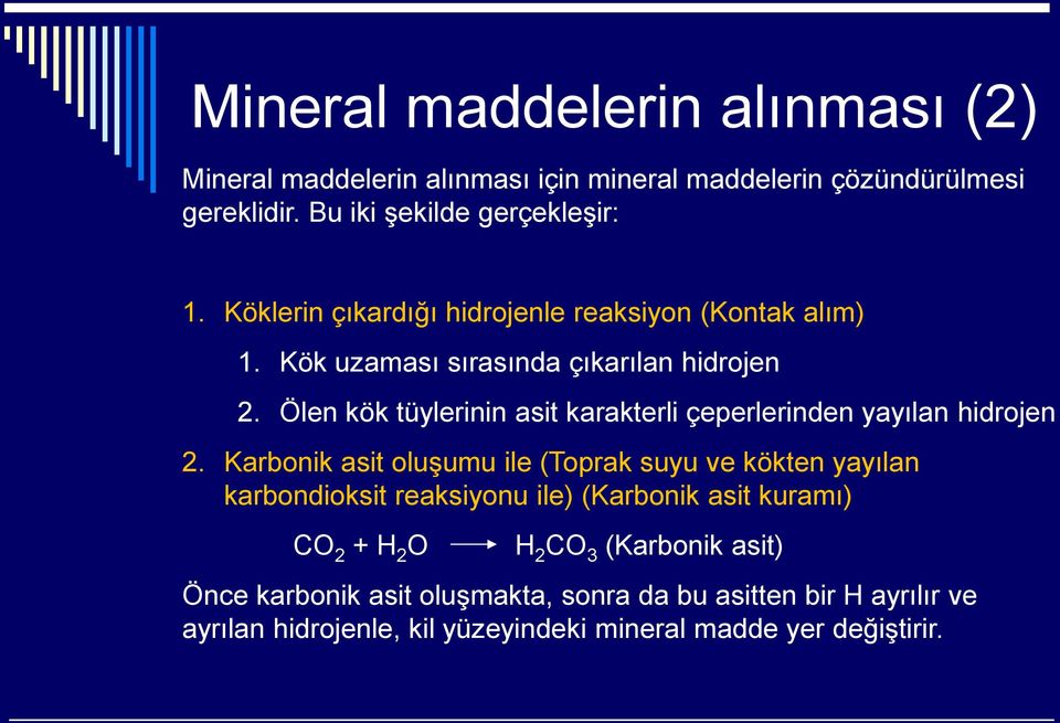 Ölen kök tüylerinin asit karakterli çeperlerinden yayılan hidrojen 2.