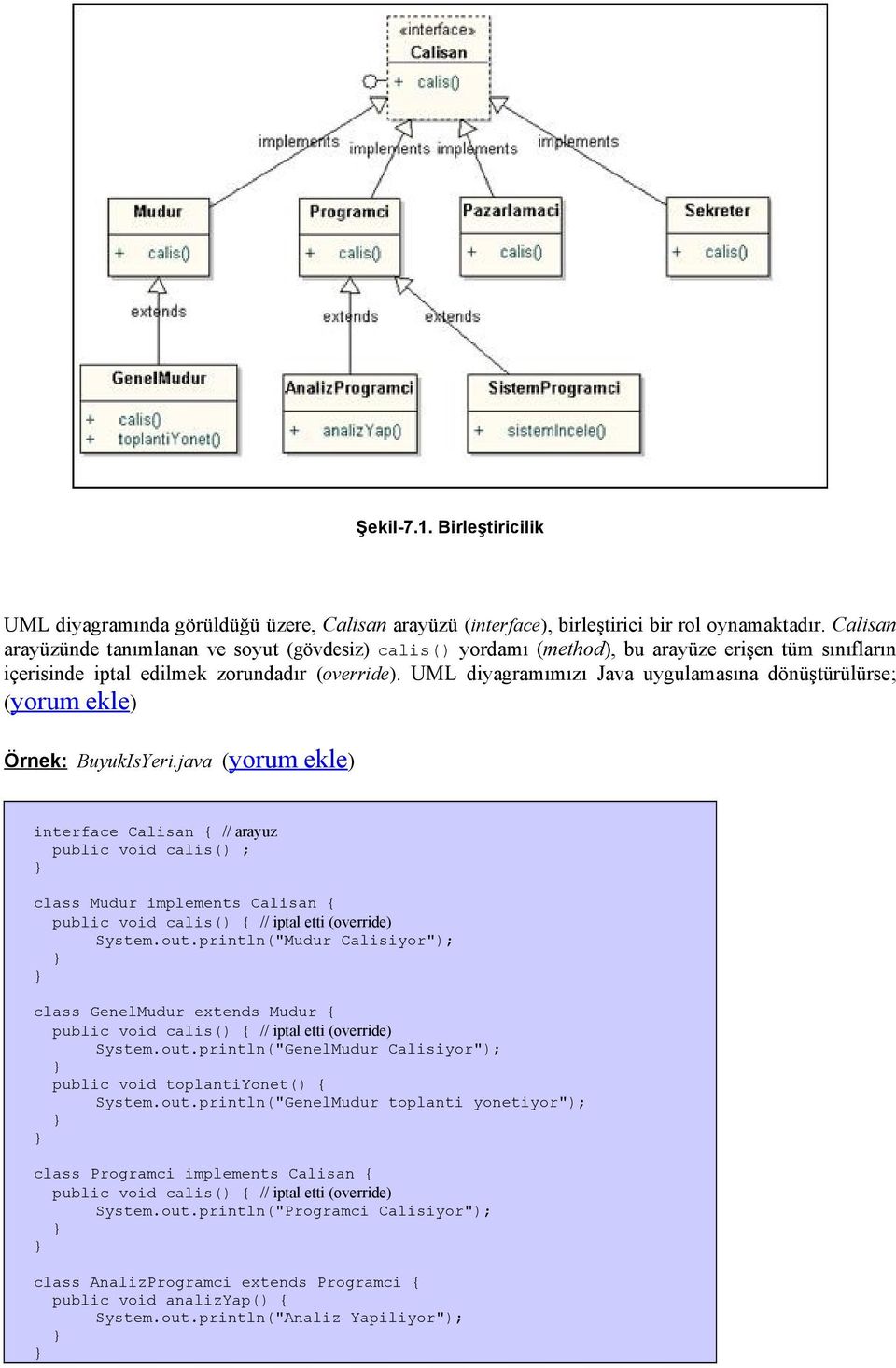 UML diyagramımızı Java uygulamasına dönüştürülürse; (yorum ekle) Örnek: BuyukIsYeri.