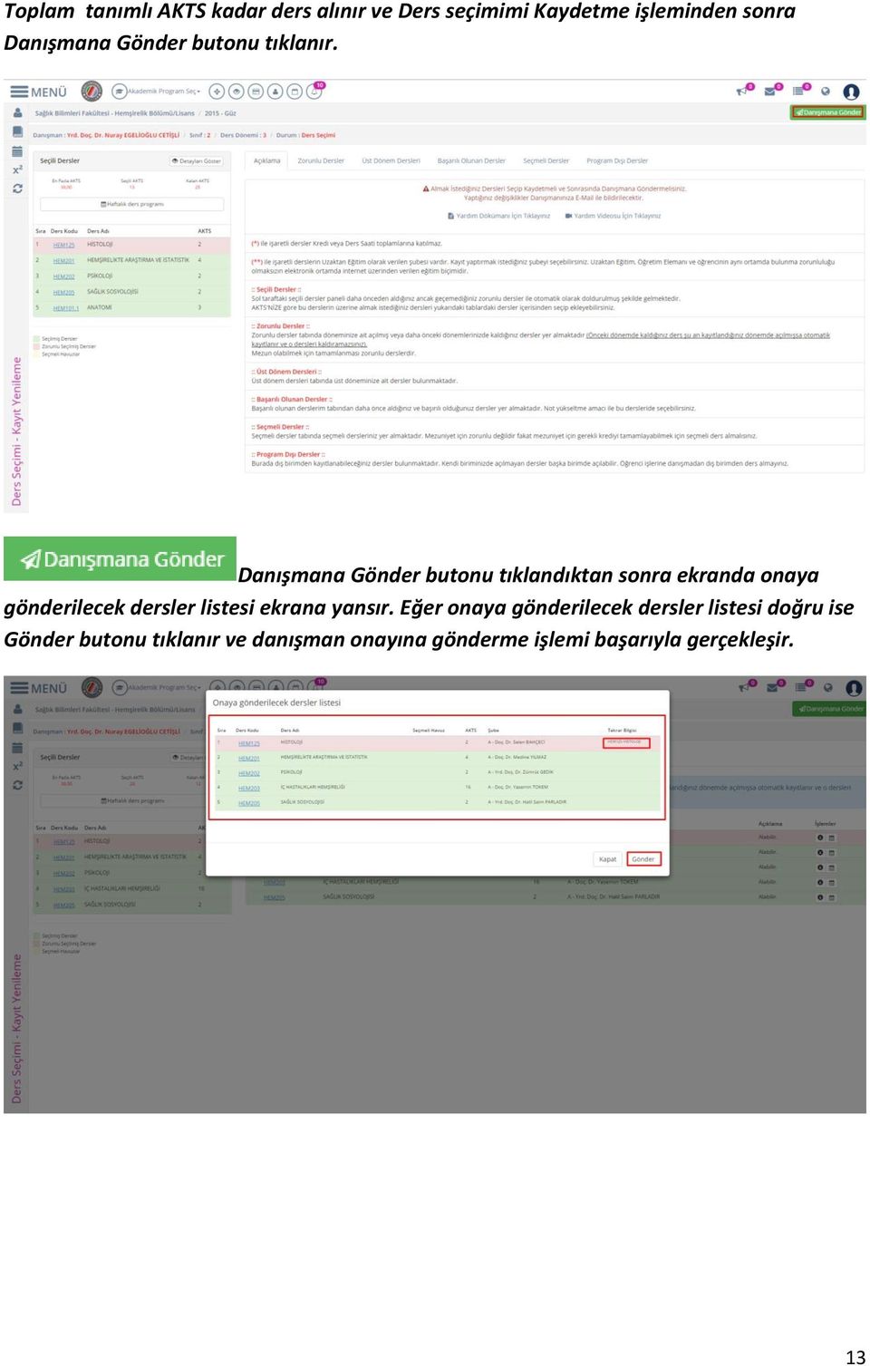 Danışmana Gönder butonu tıklandıktan sonra ekranda onaya gönderilecek dersler listesi