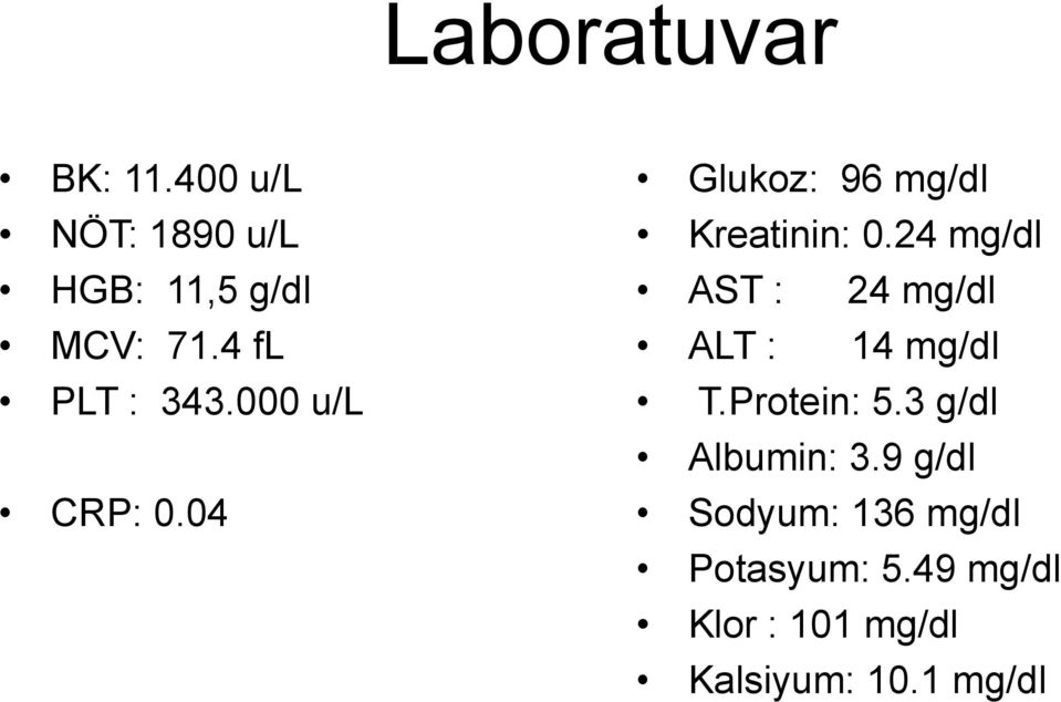 24 mg/dl AST : 24 mg/dl ALT : 14 mg/dl T.Protein: 5.3 g/dl Albumin: 3.