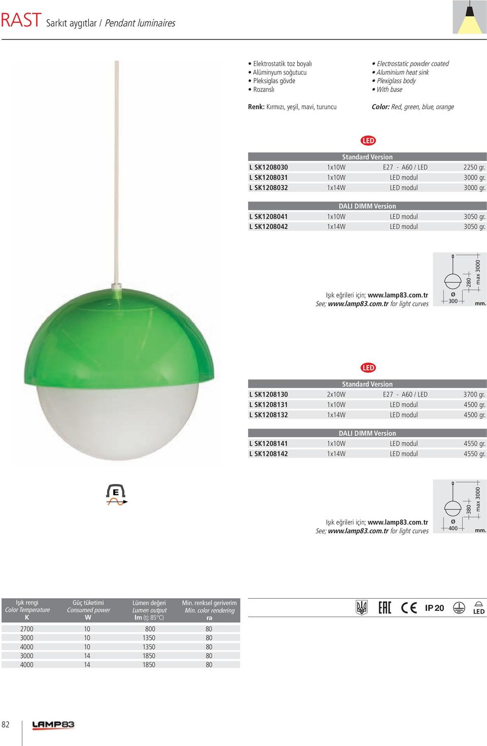 280 max 3000 Ø 300 L S1208130 2x10 E27 - A60 / 3700 gr. L S1208131 1x10 modul 4500 gr. L S1208132 1x14 modul 4500 gr.