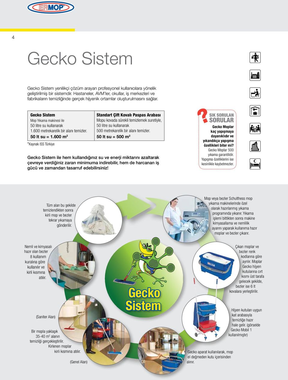 Gecko Sistem Standart Çift Kovalı Paspas Arabası Mop Yıkama makinesi ile Mopu kovada sürekli temizlemek suretiyle, 50 litre su kullanarak 50 litre su kullanarak 1.600 metrekarelik bir alanı temizler.