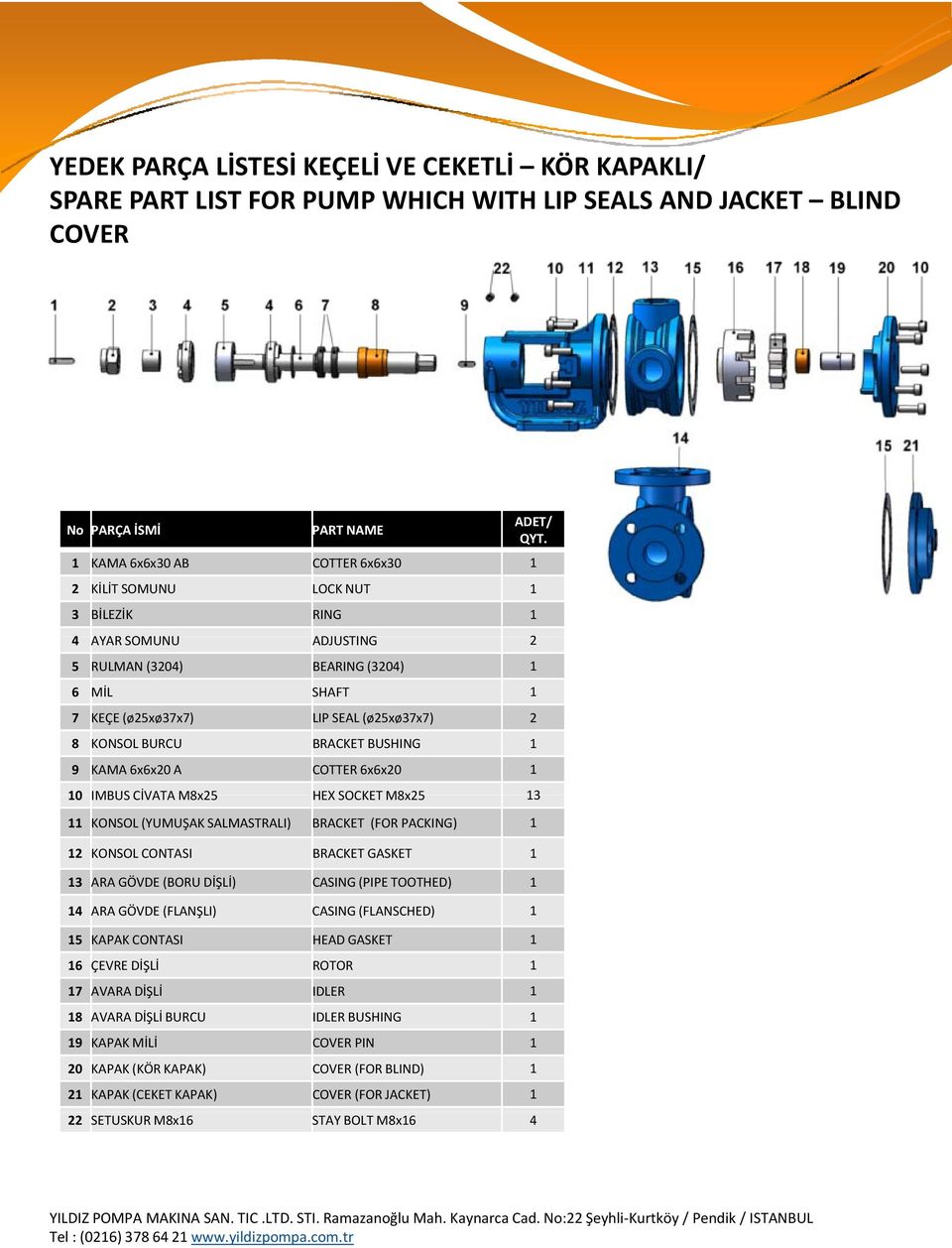 BURCU BRACKET BUSHING 1 9 KAMA 6x6x20 A COTTER 6x6x20 1 10 IMBUS CİVATA M8x25 HEXSOCKETM8x25 13 11 KONSOL (YUMUŞAK SALMASTRALI) BRACKET (FOR PACKING) 1 12 KONSOL CONTASI BRACKET GASKET 1 13 ARA GÖVDE