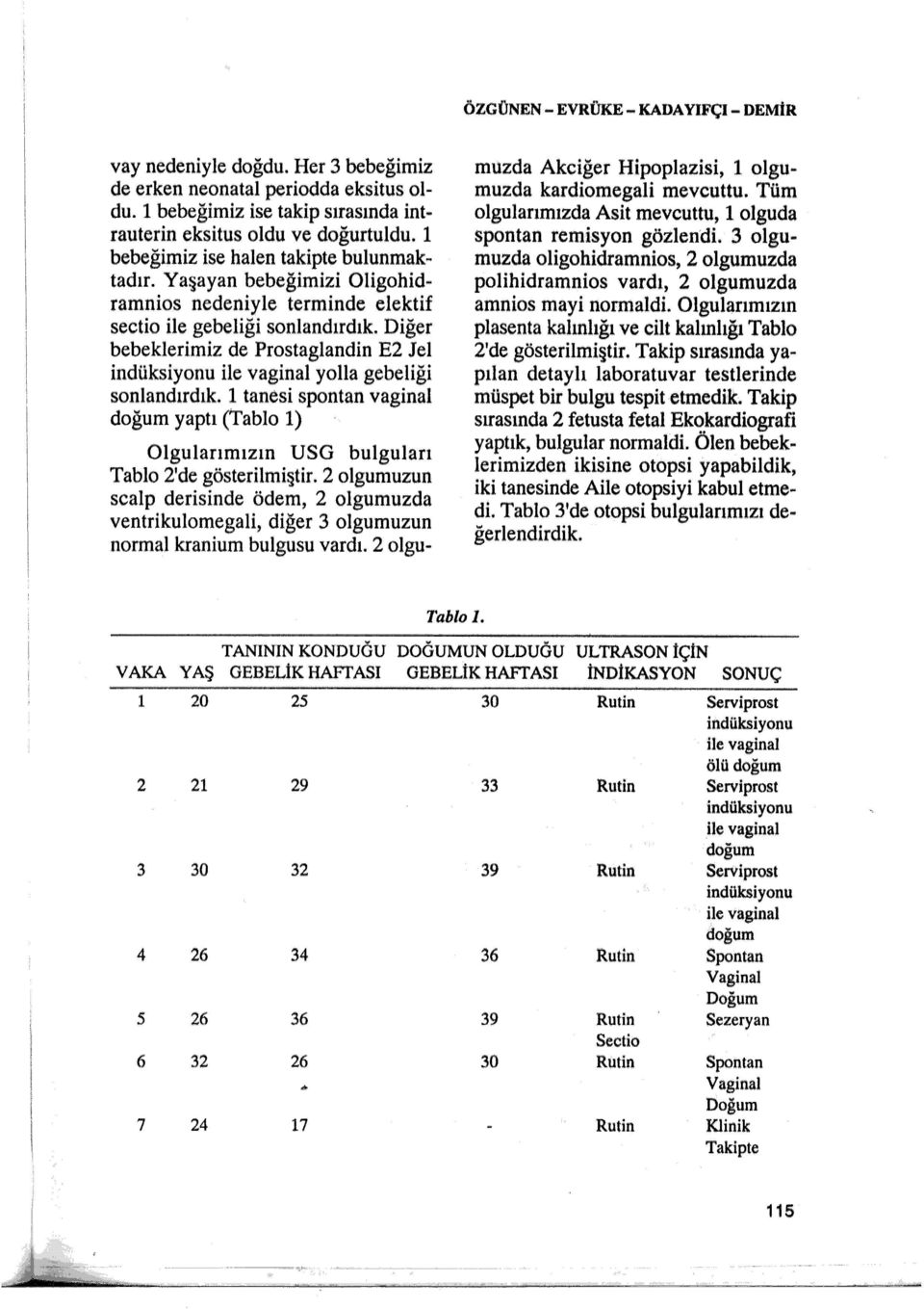 Diğer bebeklerimiz de Prostaglandin E2 Jel indüksiyonu ile vagina! yolla gebeliği sonlandırdık. 1 tanesi spontan vaginal doğum yaptı (Tablo 1) Olgularımızın USG bulguları Tablo 2'de gösterilmiştir.