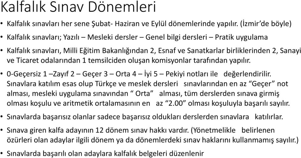 Ticaret odalarından 1 temsilciden oluşan komisyonlar tarafından yapılır. 0-Geçersiz 1 Zayıf 2 Geçer 3 Orta 4 İyi 5 Pekiyi notları ile değerlendirilir.