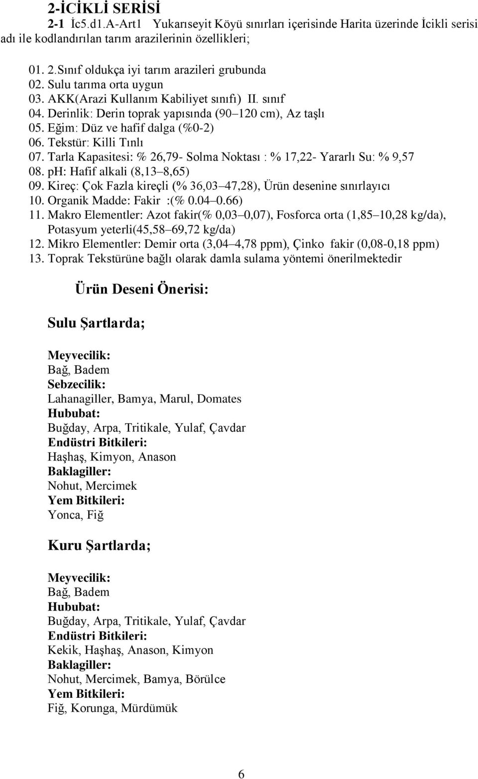 Tarla Kapasitesi: % 26,79- Solma Noktası : % 17,22- Yararlı Su: % 9,57 08. ph: Hafif alkali (8,13 8,65) 09. Kireç: Çok Fazla kireçli (% 36,03 47,28), Ürün desenine sınırlayıcı 10.