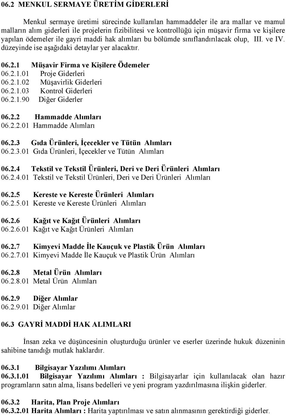 1 Müşavir Firma ve Kişilere Ödemeler 06.2.1.01 Proje Giderleri 06.2.1.02 Müşavirlik Giderleri 06.2.1.03 Kontrol Giderleri 06.2.1.90 Diğer Giderler 06.2.2 Hammadde Alımları 06.2.2.01 Hammadde Alımları 06.